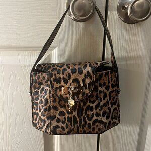 Brown, small, leopard print, and unique in style.